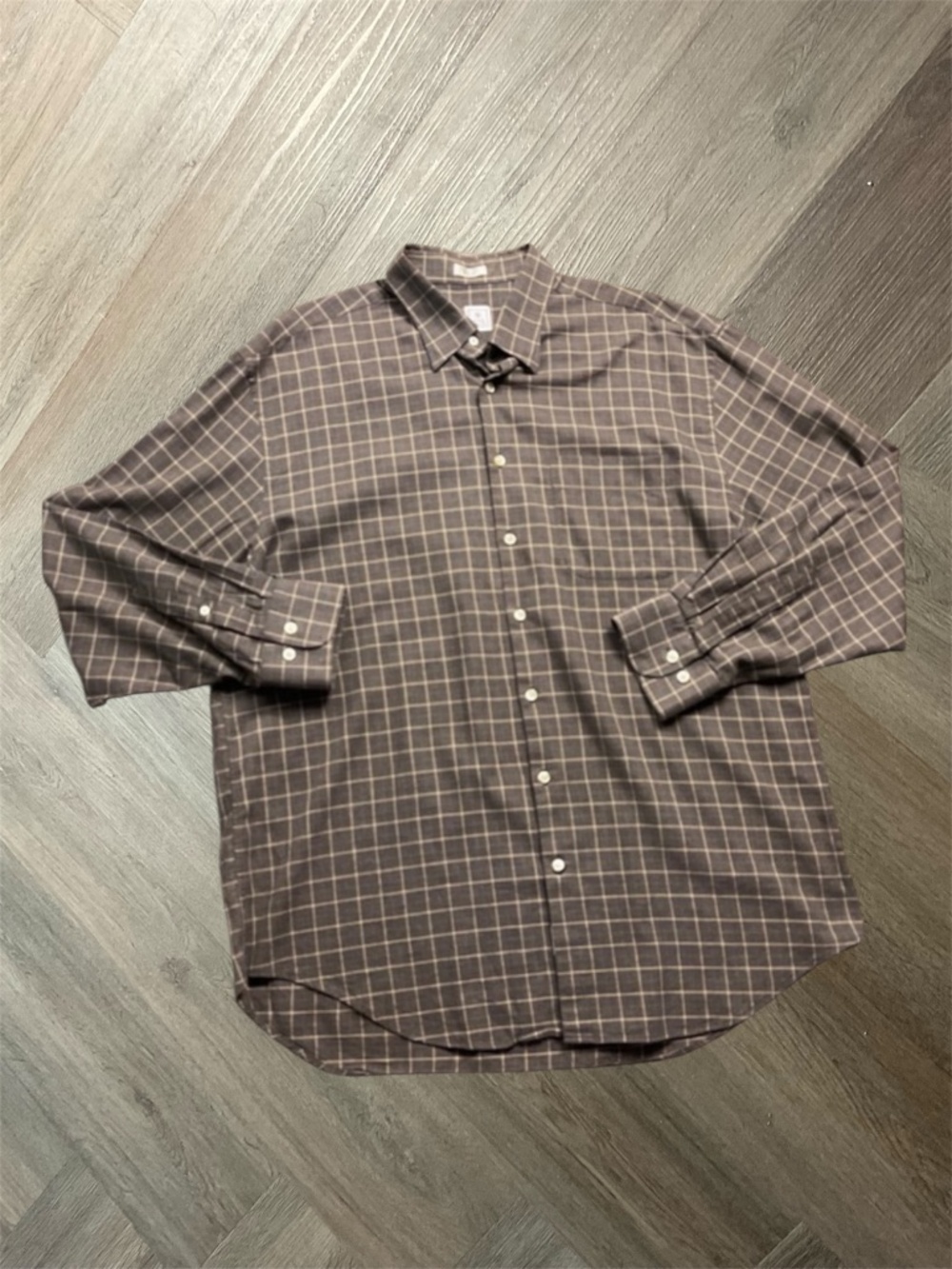 Peter Millar Windowpane Check Long Sleeve Cotton Button Down Shirt Mens XL Brown